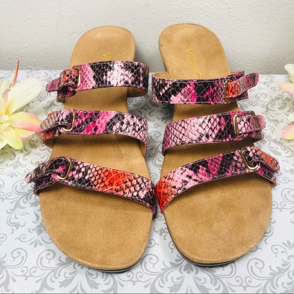 Vionic Shoes - Vionic Dwyn Pink and Purple Snakeskin Pattern Wedge Sandals
